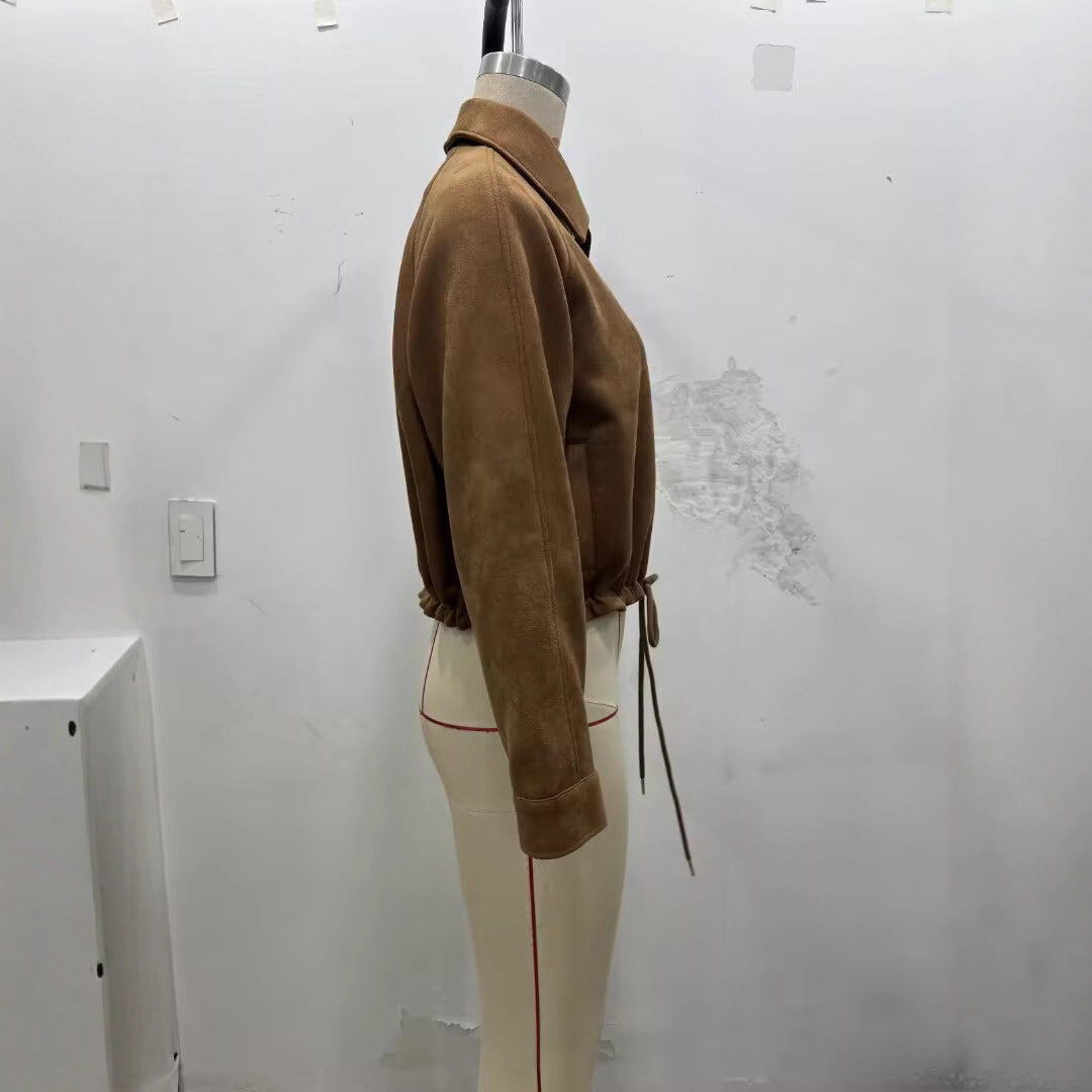 Flannel Drawstring Hem Jacket Coat with Loose Fit and Comfort Style