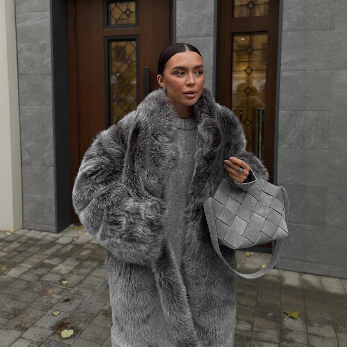 Black and White Two-Color Artificial Wool Coat with Modern Style