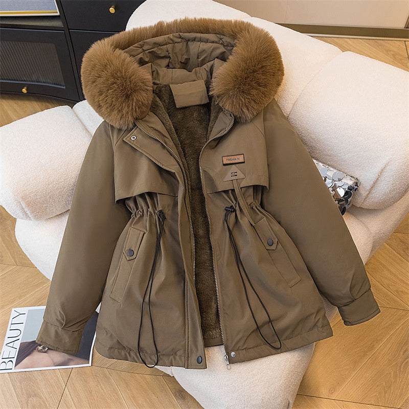 Padded Velvet Coat with Stylish Fur Collar and Loose Fit