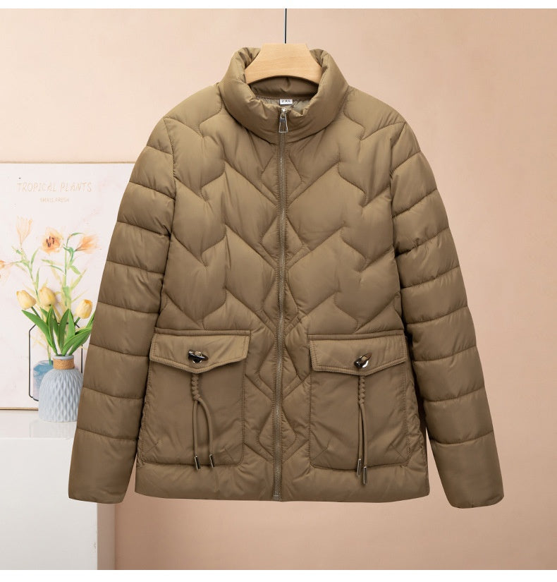 Solid Color Thick Cotton Jacket with Medium Length Design