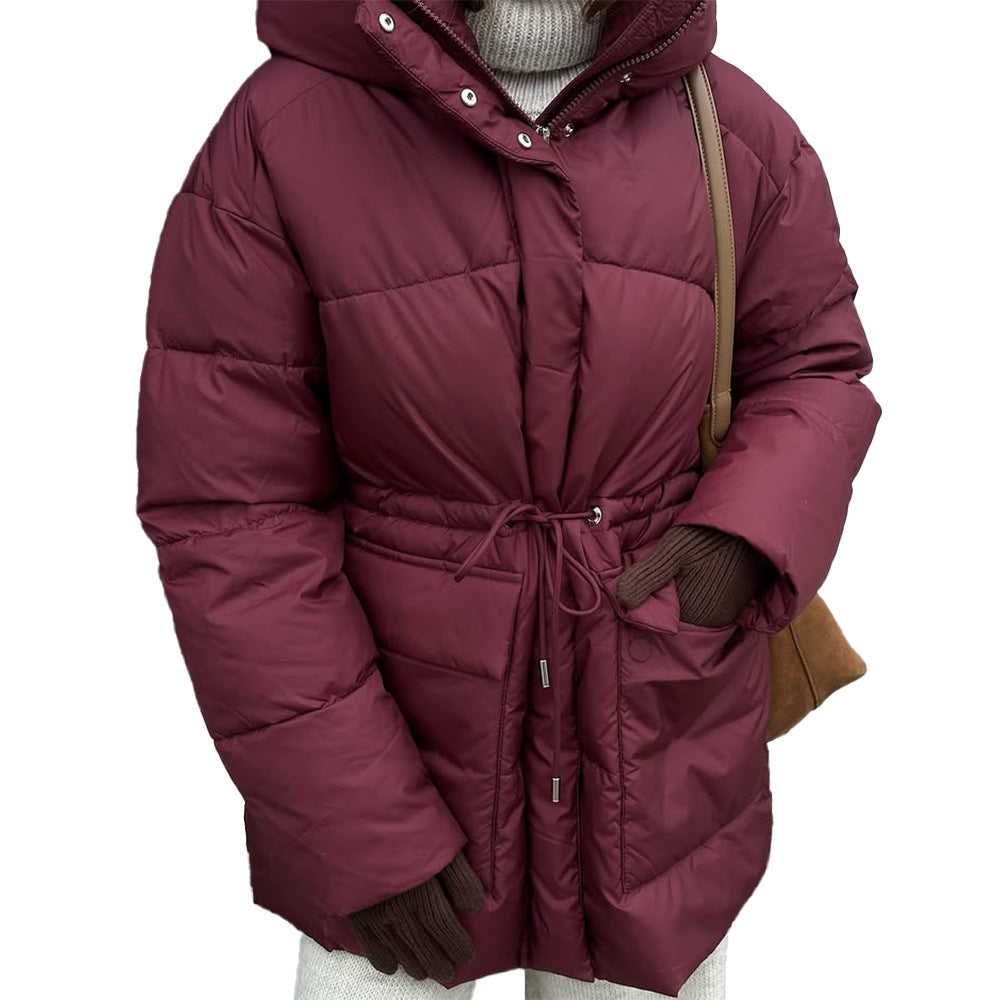 Hooded Cotton Jacket with Lace-up Waist and Zipper Closure