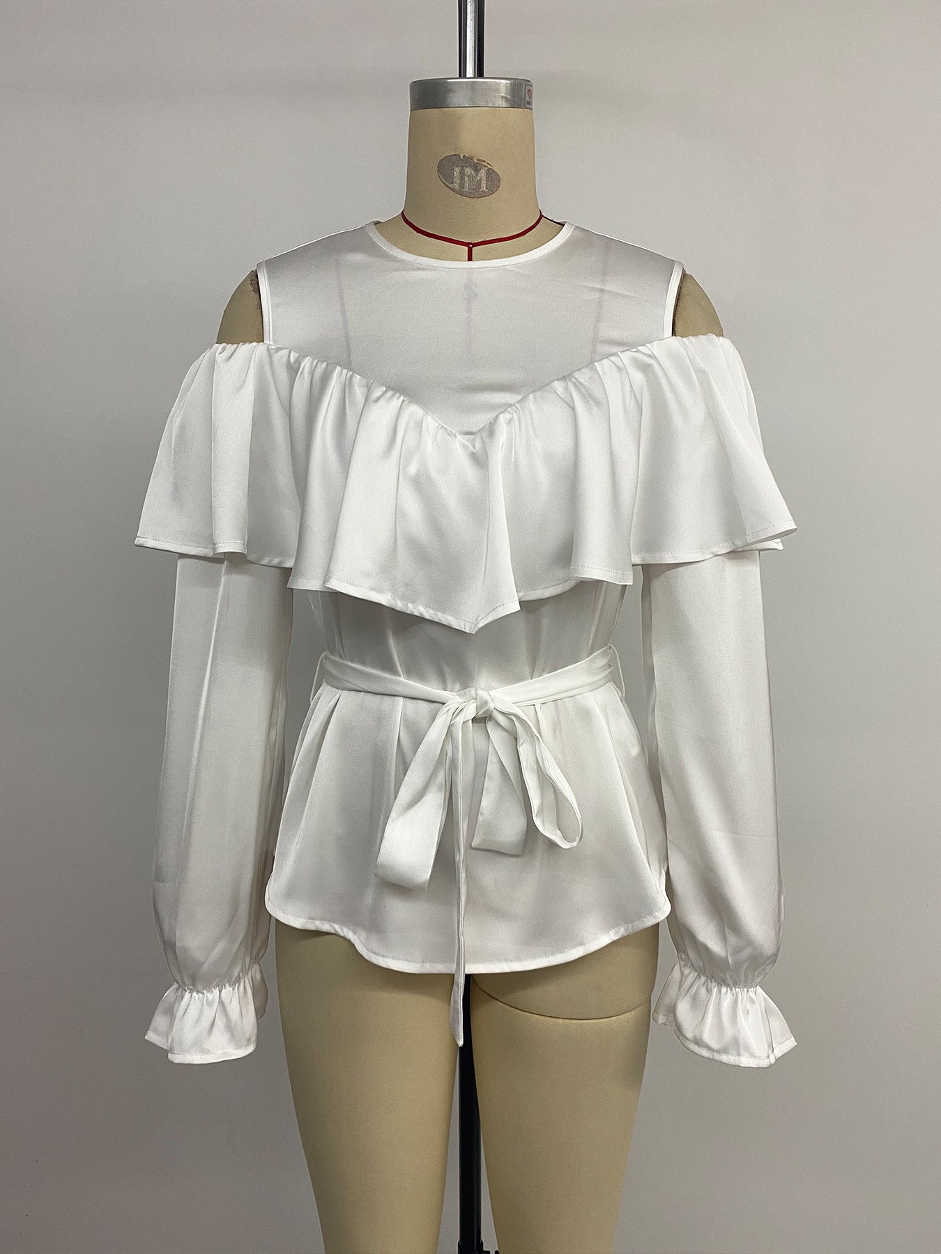 Long-sleeved Ruffled Off-the-shoulder Lace-up Shirt for Stylish Looks