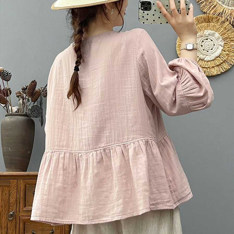 Loose Double-layer Cotton Yarn Top with Long Sleeves