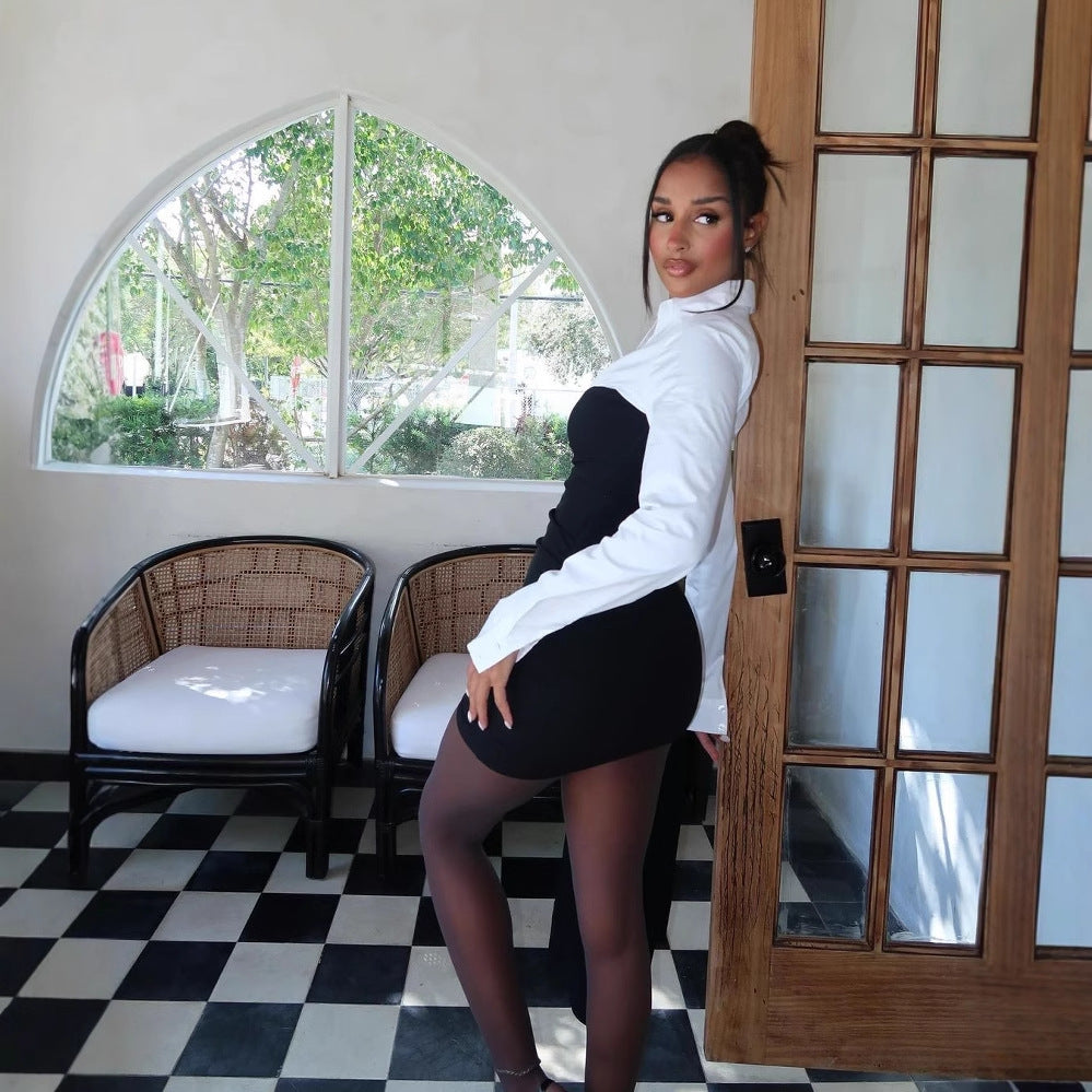 Color Contrast Patchwork Lapel Dress with Stylish Mid Waist Design