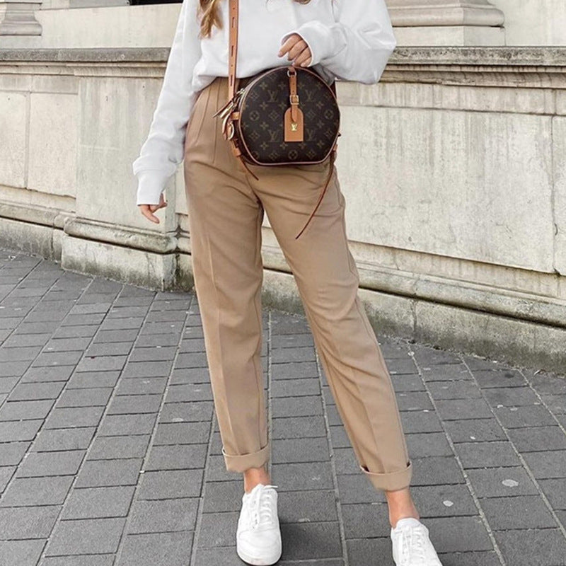 Pleated High Waist Slim-fit Basic Pants with Pocket Detail