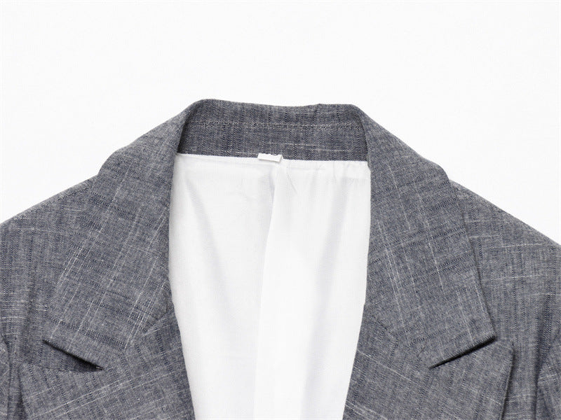 Casual Linen Blended Rolled Sleeve Suit Jacket with Pocket Detail