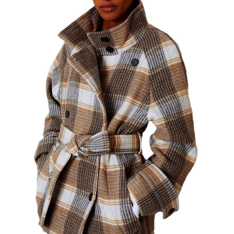 Plaid Coat with Contrast Color and Waist-Tied Design