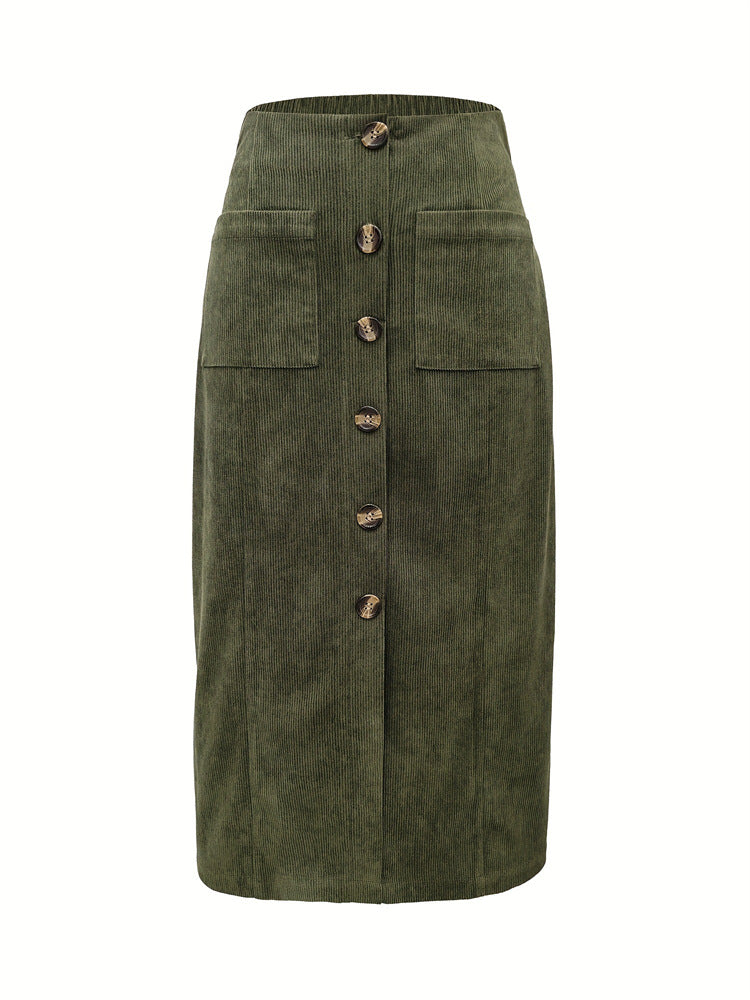 Mid-Length Skirt with Elastic Waist and Patch Pocket Design
