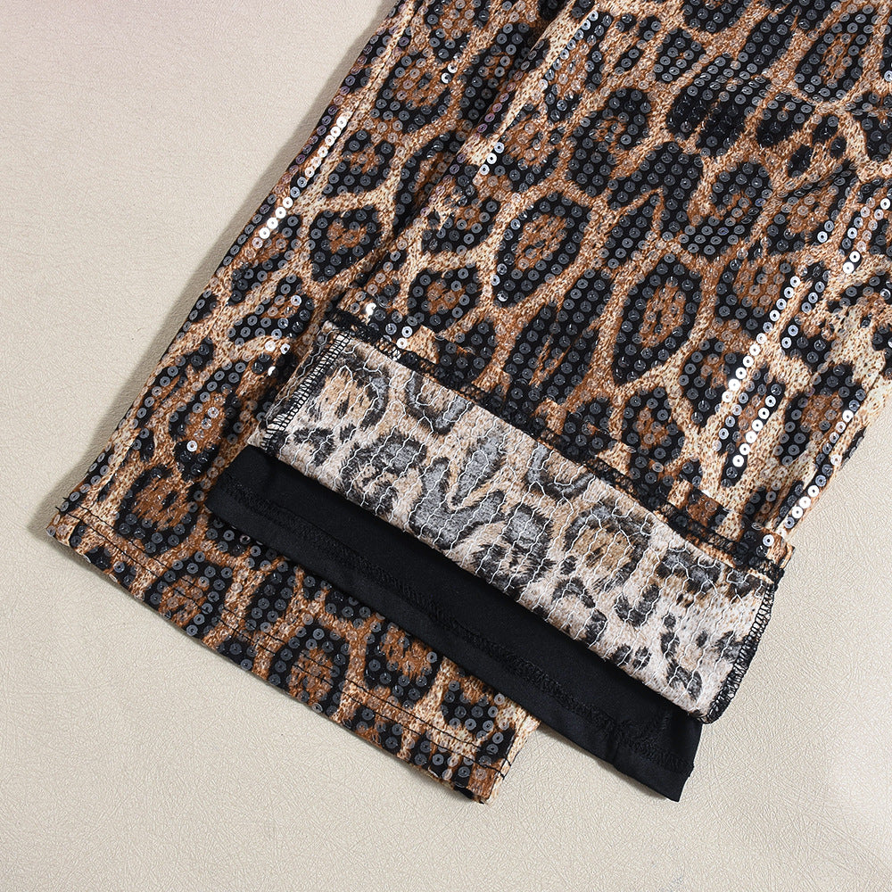 Leopard Print Straight-leg Trousers with Sparkling Sequins Detail