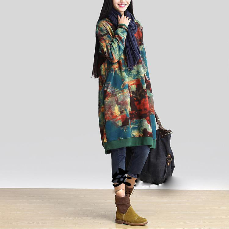 Casual Cotton and Linen Printed Long-sleeved Dress with Floral Pattern