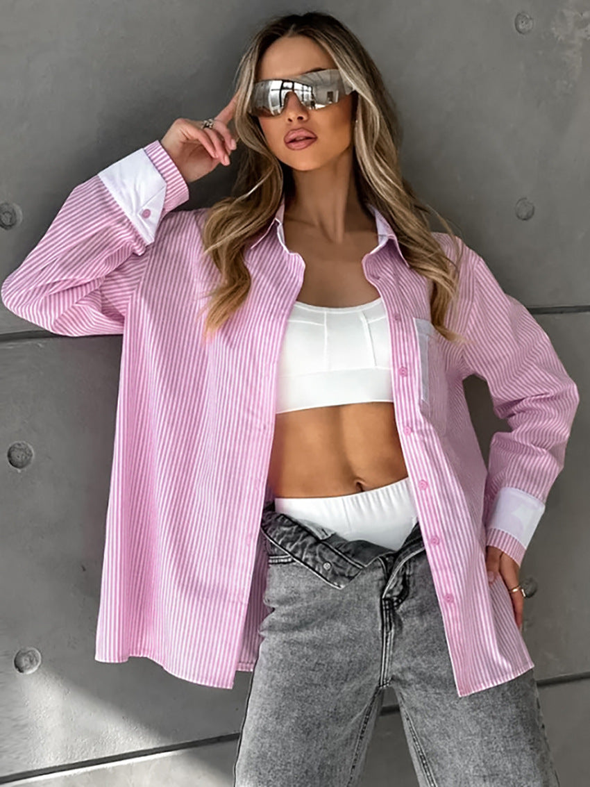 Oversize Loose Striped Blouse with Comfortable Cardigan Style