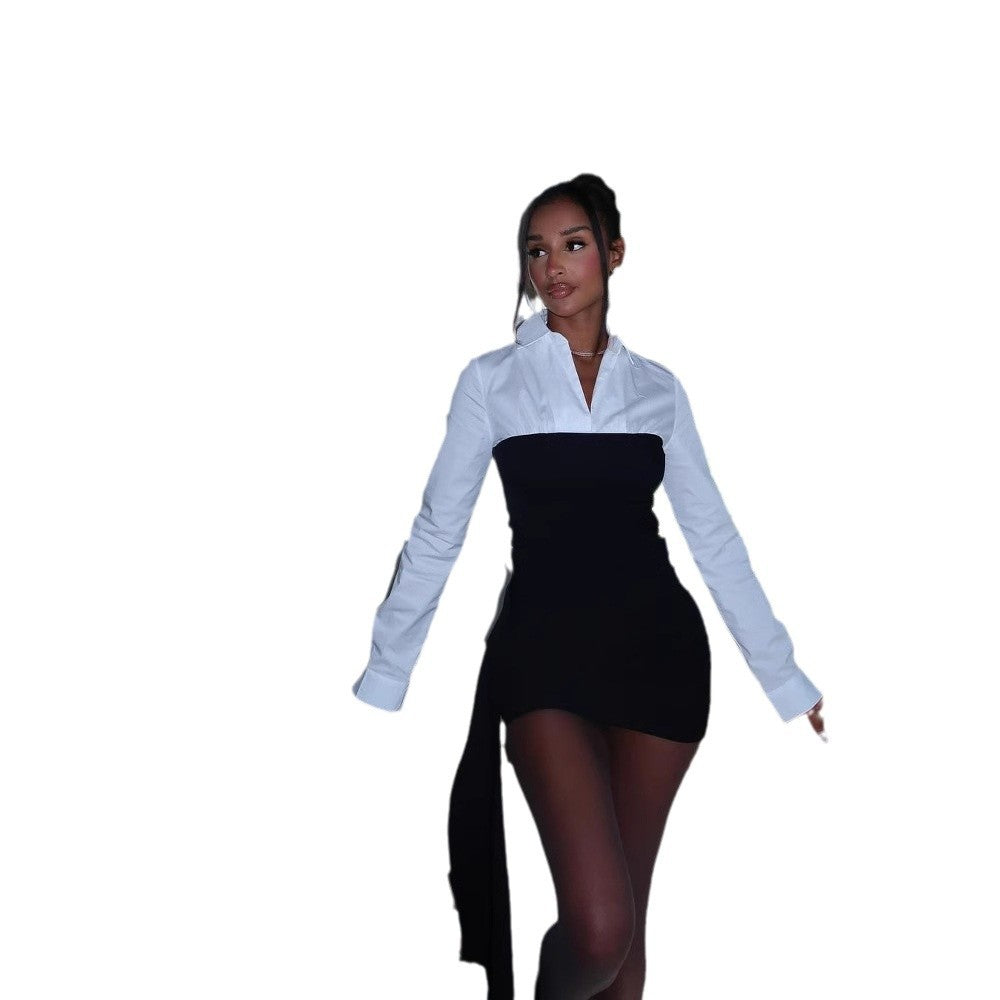 Color Contrast Patchwork Lapel Dress with Stylish Mid Waist Design