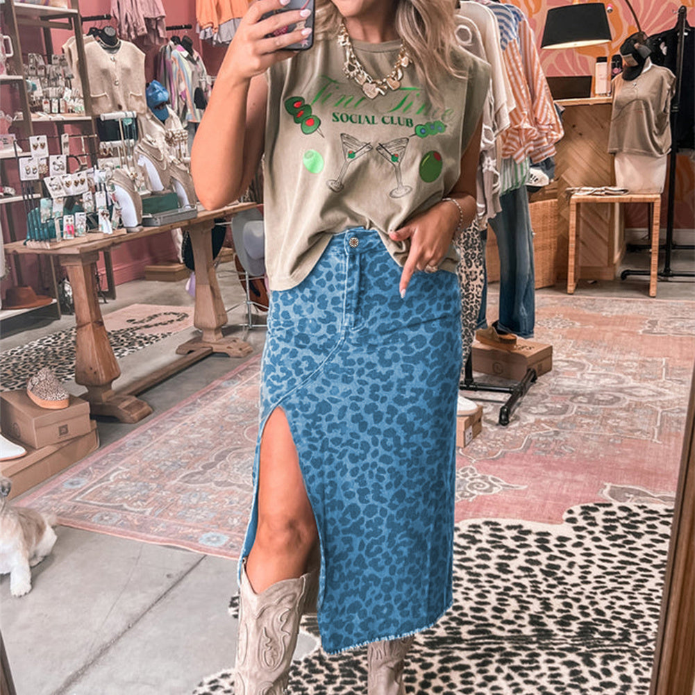 Leopard Print High Waist Slit Denim Skirt for Bold Style Statement