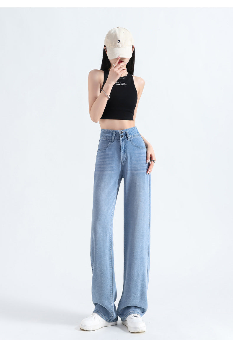 Lyocell Denim Wide-leg Pants with High Waist and Button Detail