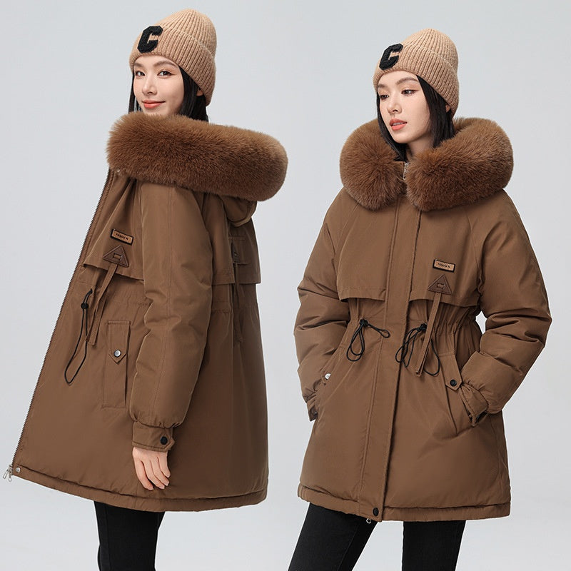 Padded Velvet Coat with Stylish Fur Collar and Loose Fit