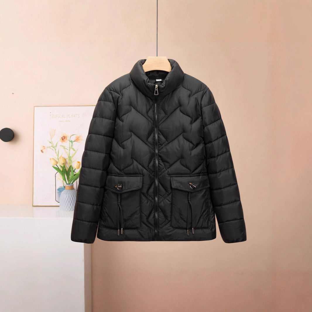 Solid Color Thick Cotton Jacket with Medium Length Design