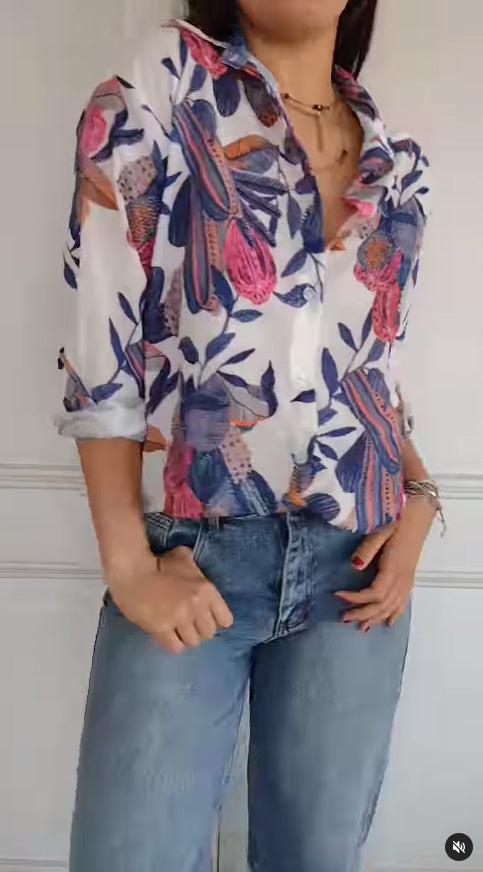 Casual Print Shirt Top with Floral Patterns and Long Sleeves