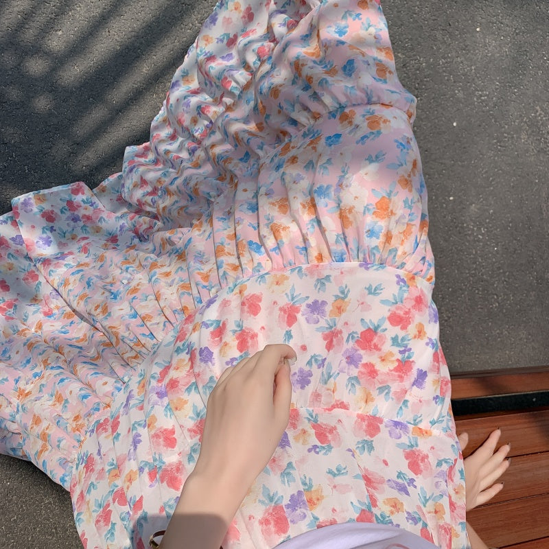 A-Line Chiffon Floral Skirt with Colorful Print Style