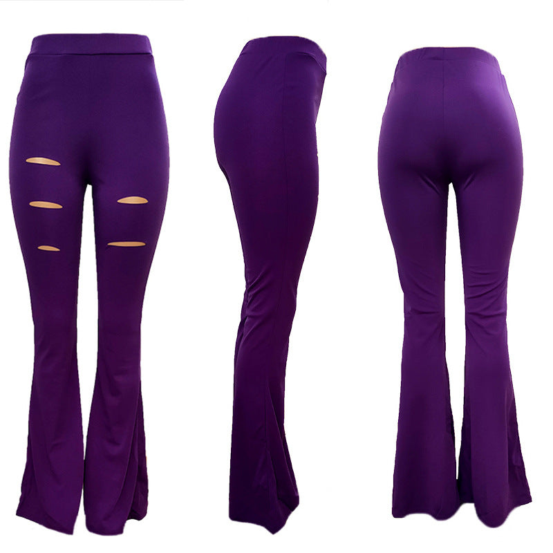 Bootcut Trousers with High Waist Design and Ripped Details