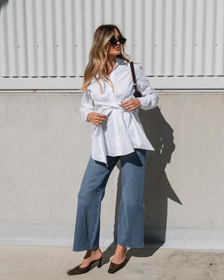 Cotton Blouse with Lace-up Waist Trimming for Casual Style