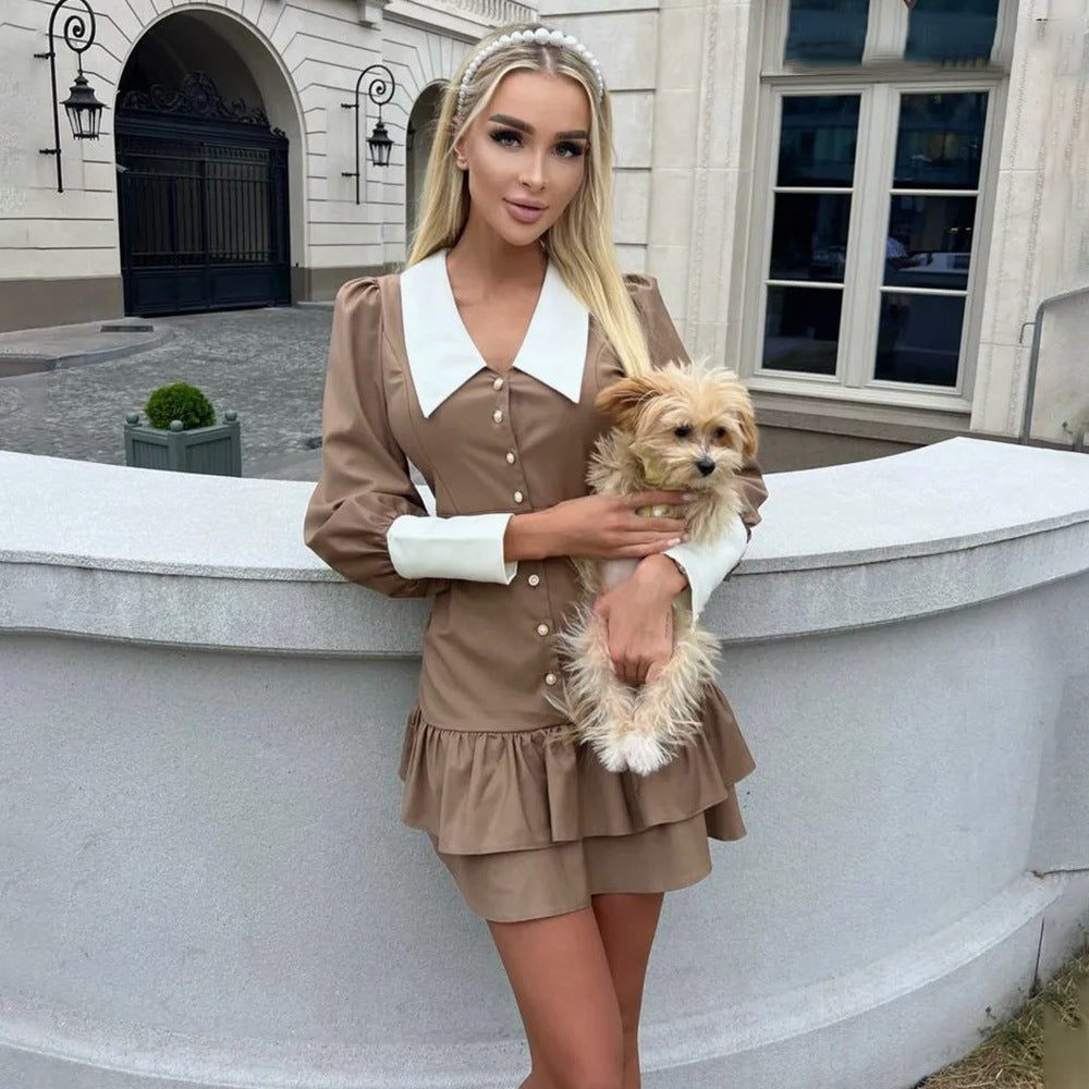 A-line Dress with Lace-up Waist and Ruffled Contrast Details