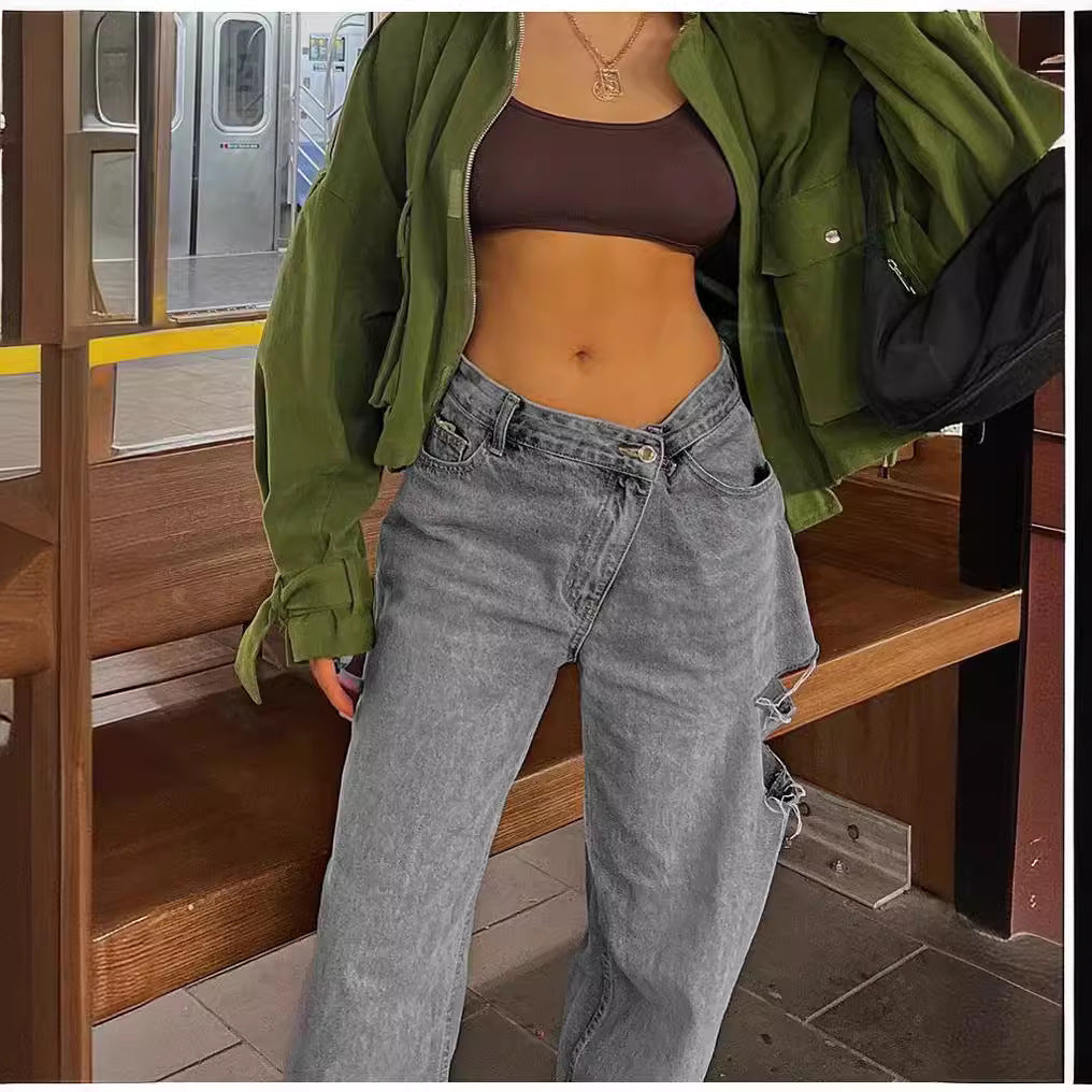 Loose Hole Jeans with Fashionable Oblique Waist Design for Style