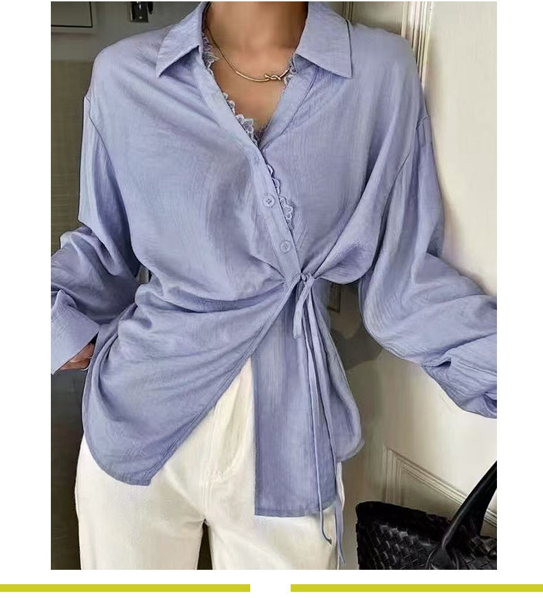 Blue Long Sleeved Shirt with Lace-up Cardigan Style