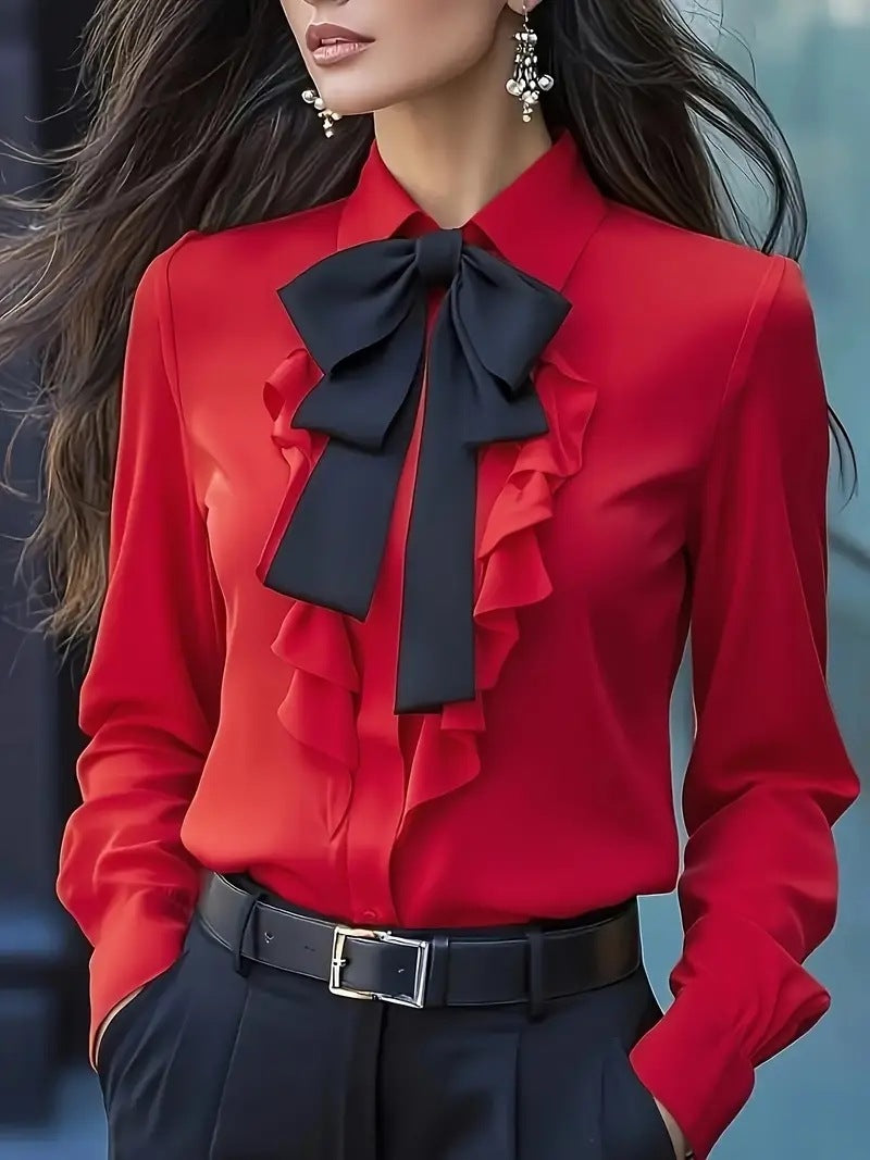 Ruffled Design Shirt with Tied Bow for Chic Style