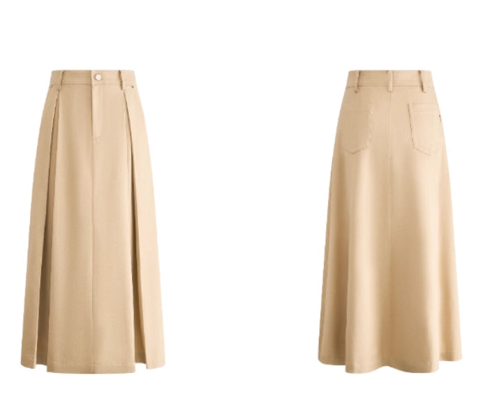 Khaki Pleated Tooling Skirt with High Waist Design