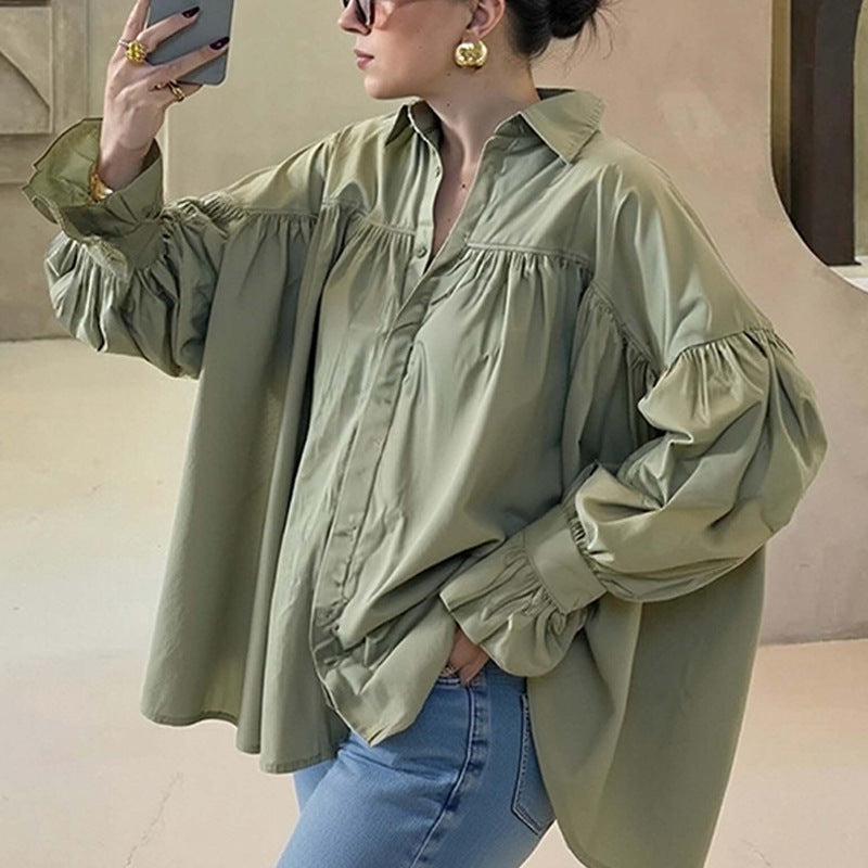 Pleated Lapel Splicing Blouse with Long Sleeve Design