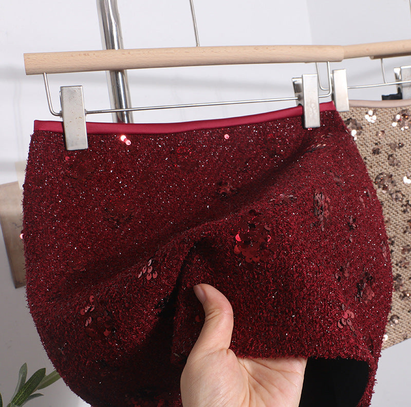 Sequined Red A-Line Skirt with High Waist Slimming Design