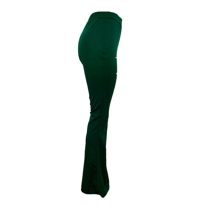 Bootcut Trousers with High Waist Design and Ripped Details