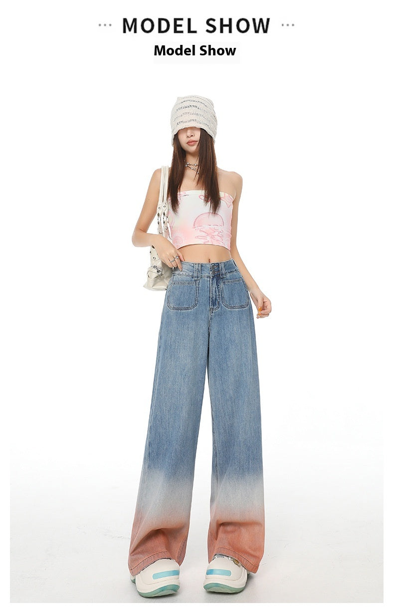 High Waist Wide Leg Jeans with Retro Blue Gradient Style