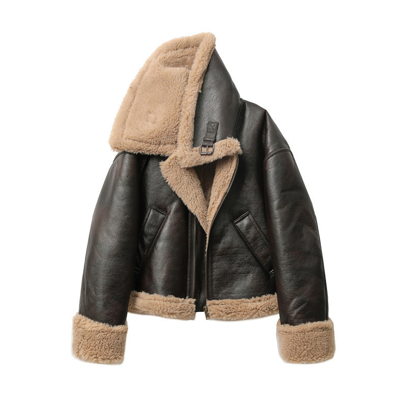 Short Jacket with Thickened Warm Double-Sided Faux Fur Design