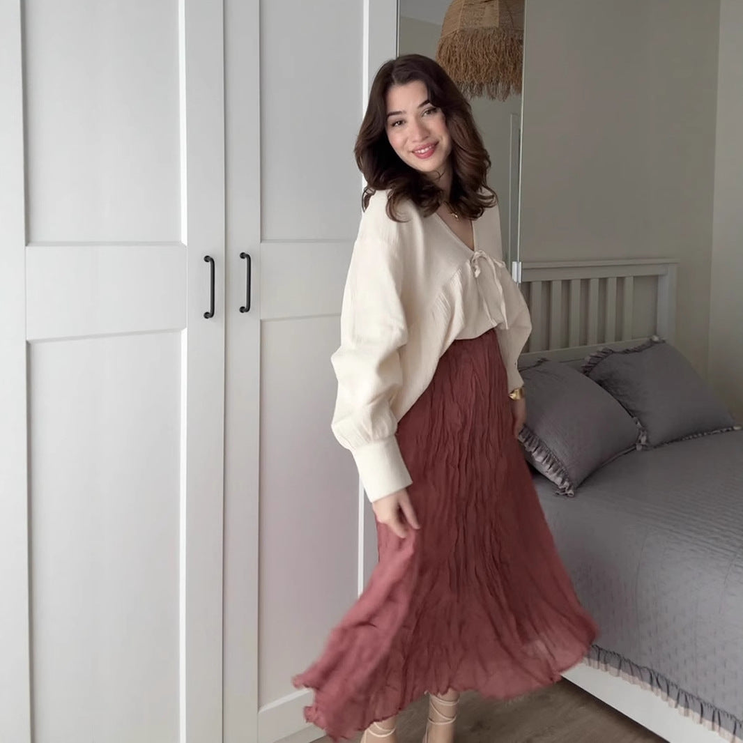 Pleated High Waist Skirt with Elegant Beige Color and Comfortable Fit