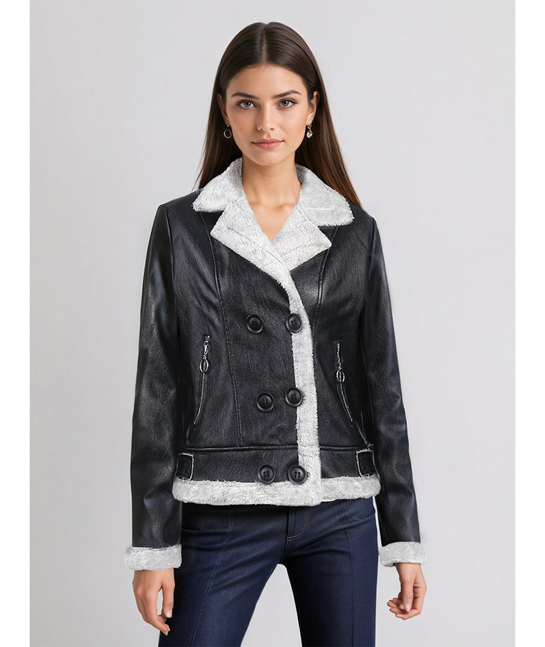 Fleece Padded Leather Coat with Fur Collar Alternative Styling
