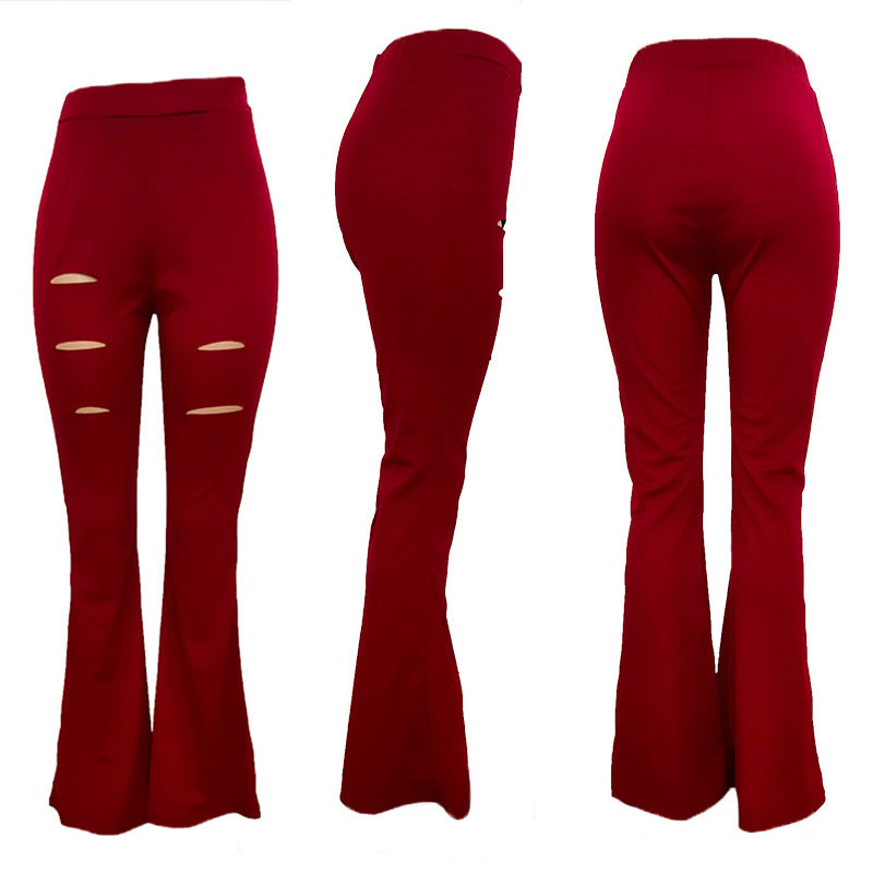 Bootcut Trousers with High Waist Design and Ripped Details