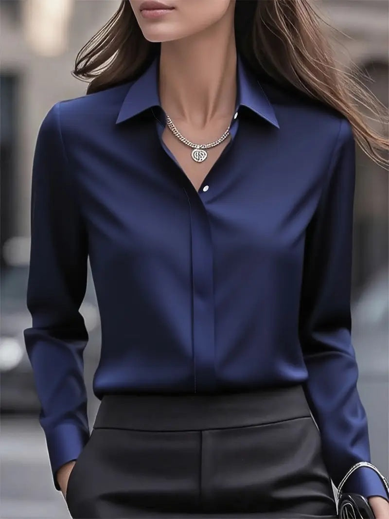 Satin Blouse with Long Sleeve Lapel Design for Effortless Elegance