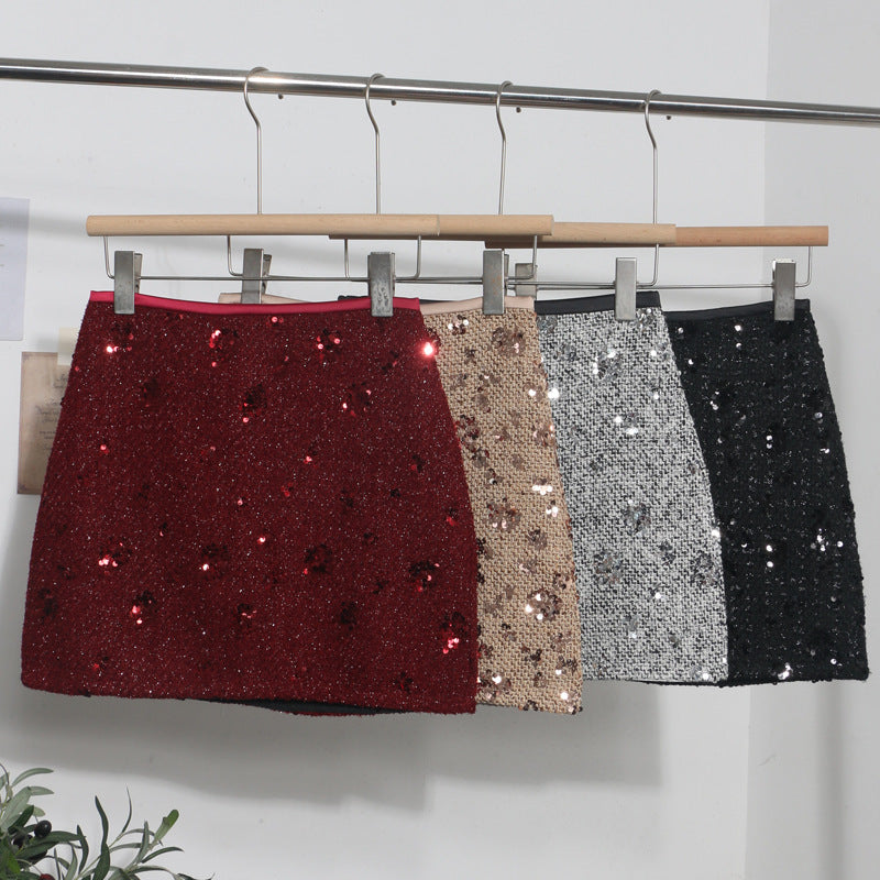 Sequined Red A-Line Skirt with High Waist Slimming Design