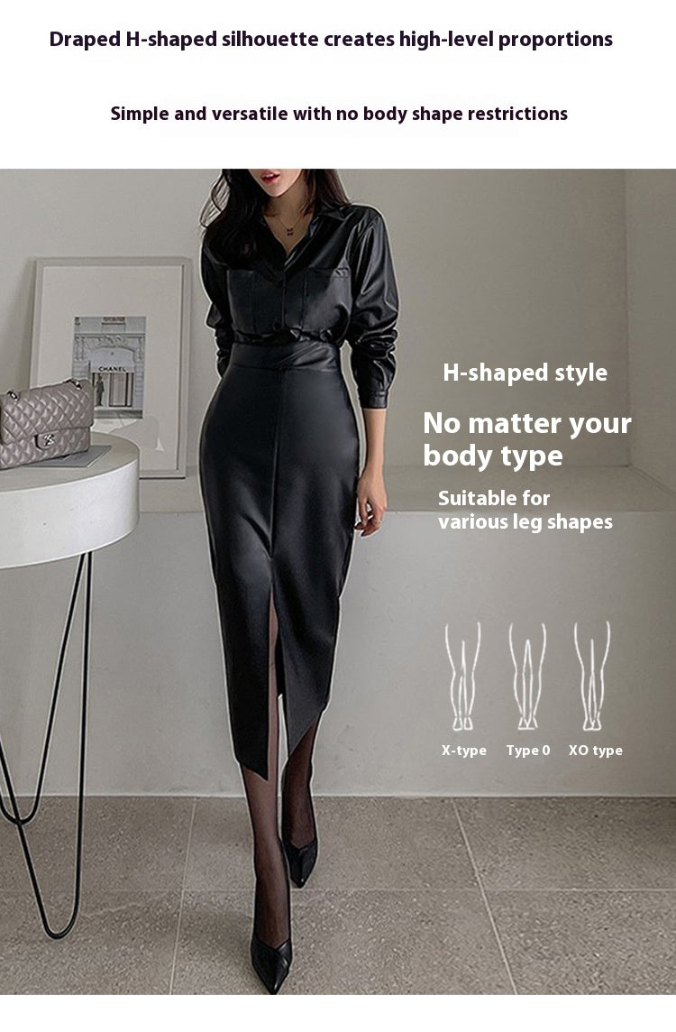 Split Leather Skirt with High Waist for Stylish Commuting Looks