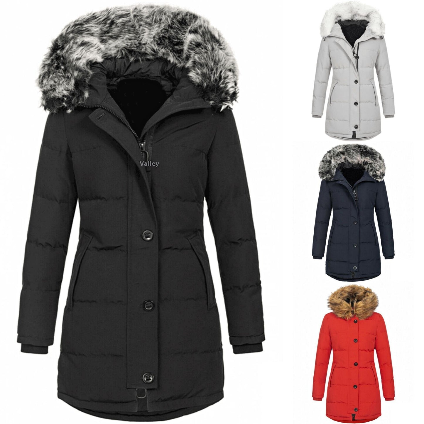 Hooded Warm Slim-fit Mid-length Coat with Fur Collar