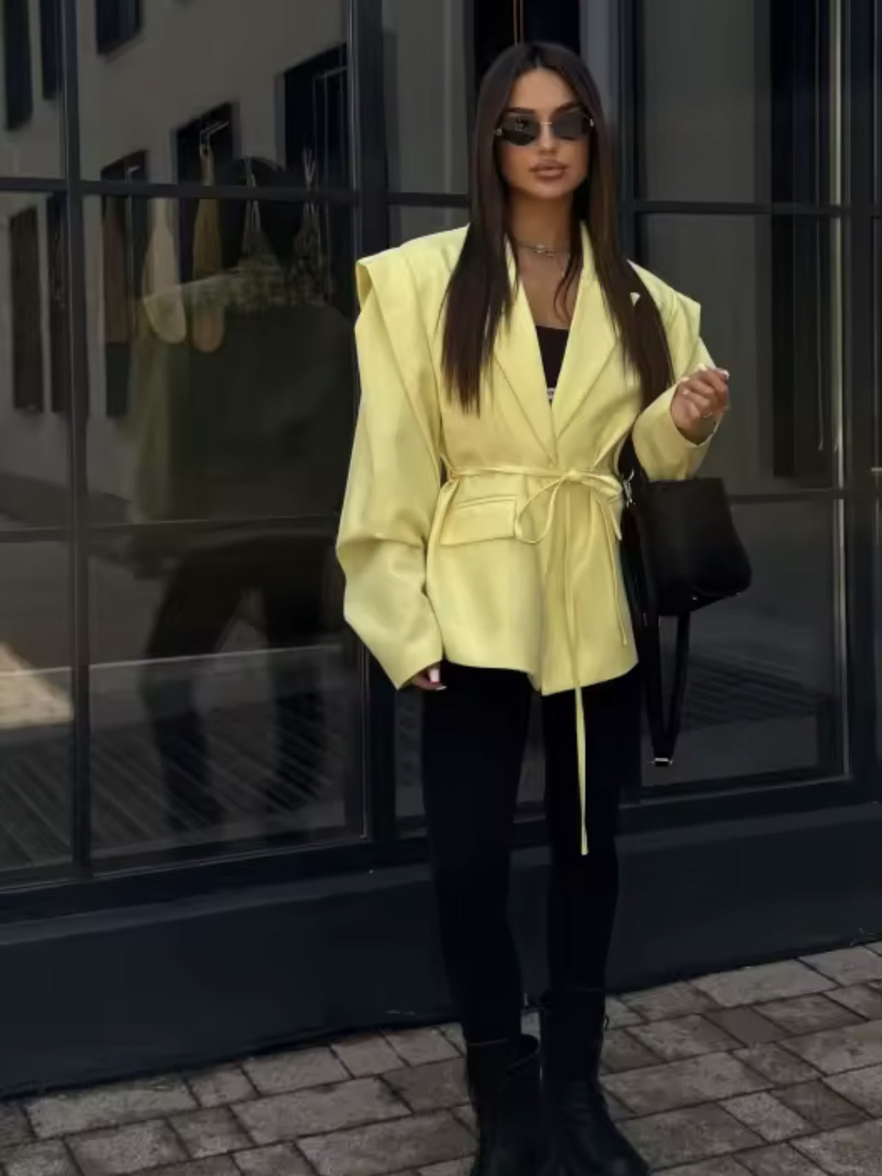 Padded Shoulder Blazer with Lace-up Waist Control for a Flattering Fit