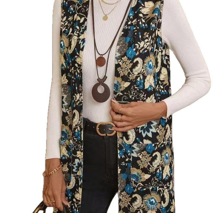 Casual Printing Coat with Fresh Floral Design and Sleeveless Style