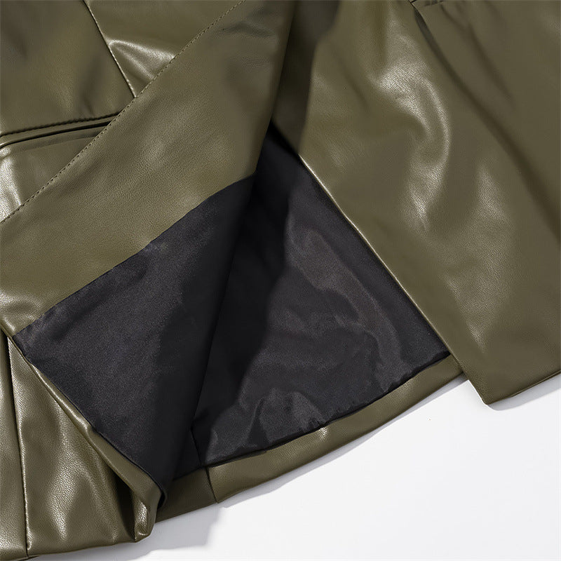 Long-sleeved V-neck Leather Jacket with Stylish Contrast Colors