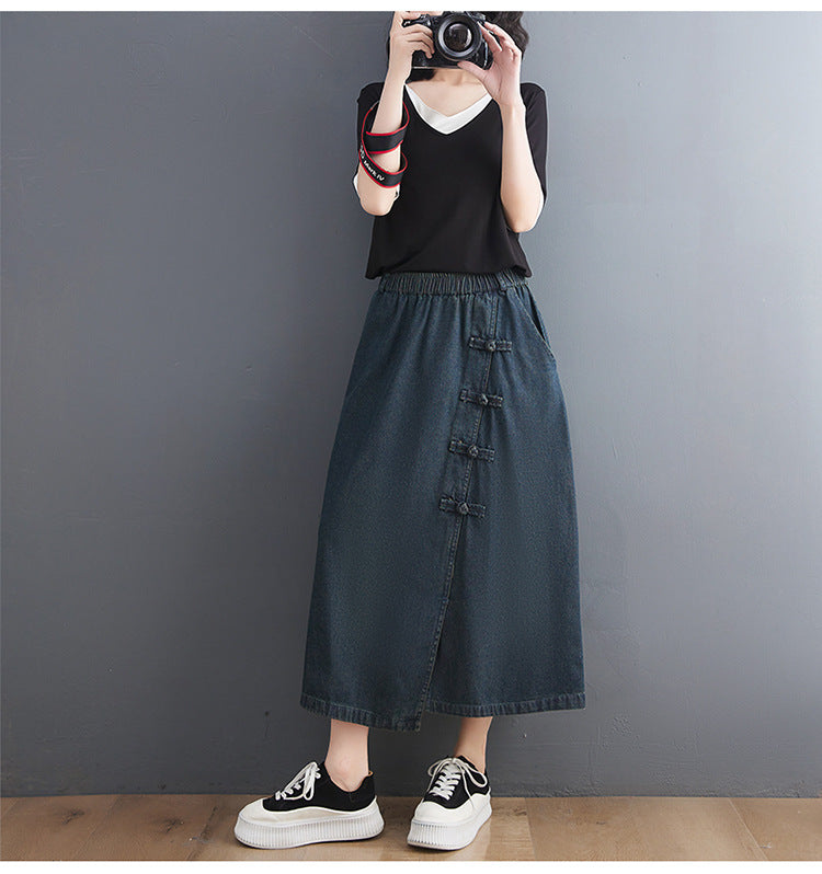 Artistic Retro Denim Skirt with Button Detail for Chic Looks