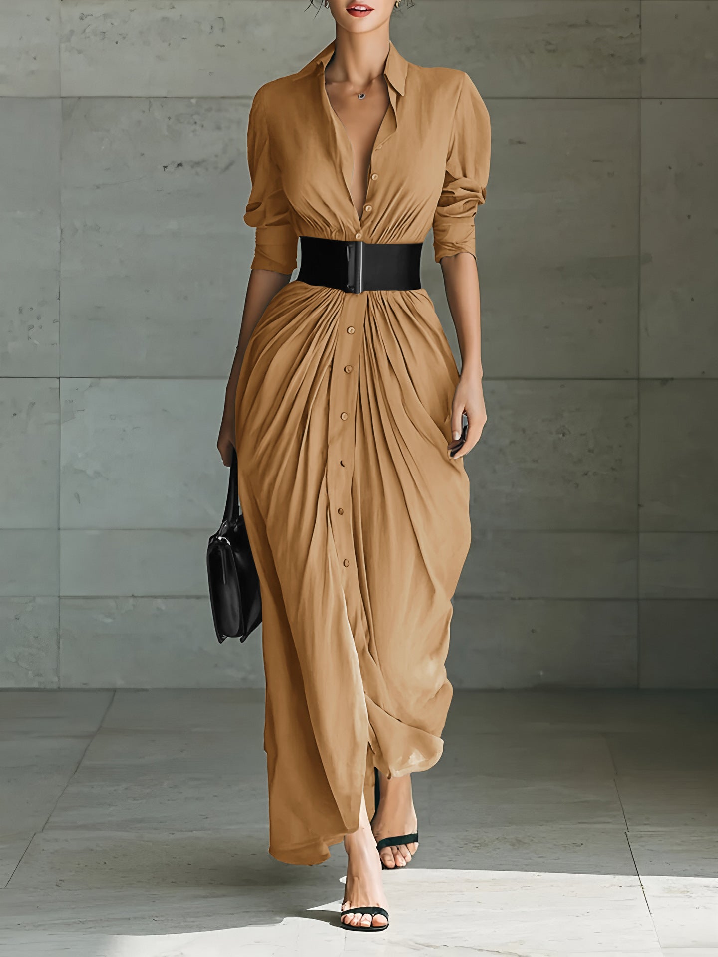 Shirt Dress with Elegant Lapel and Belt for Sophisticated Style