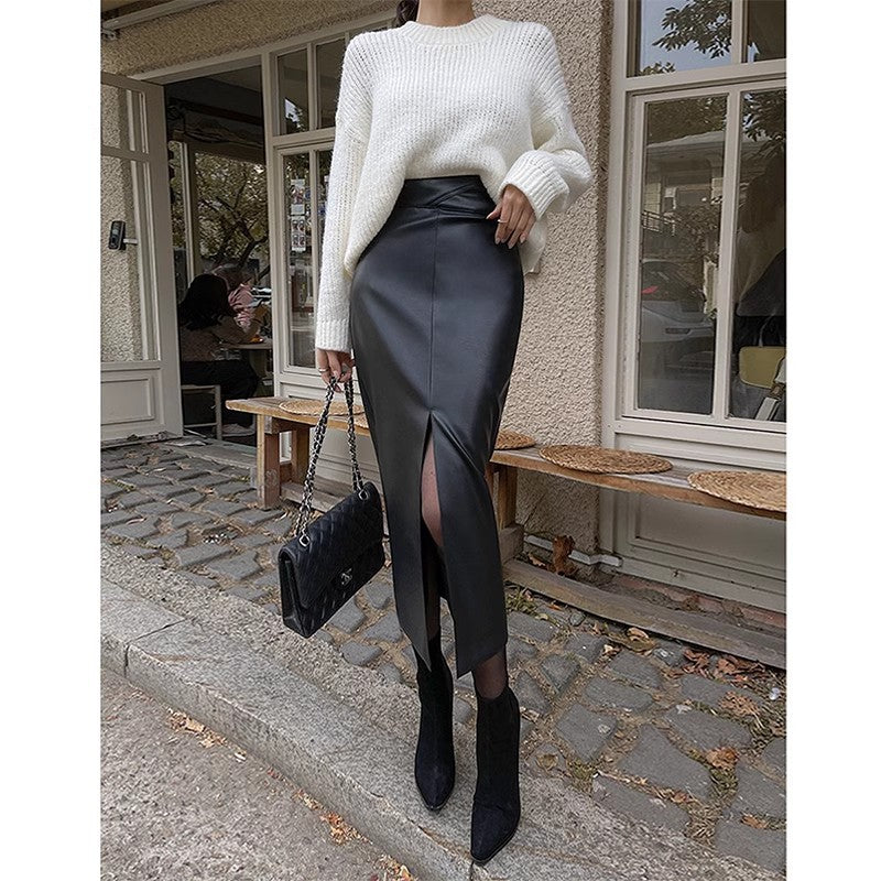 Split Leather Skirt with High Waist for Stylish Commuting Looks