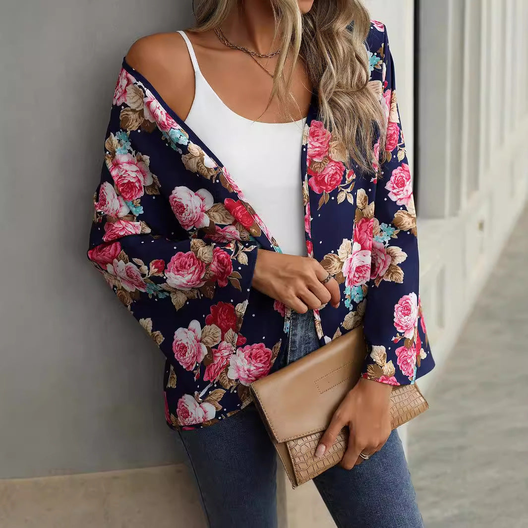 V-neck Floral Bell Sleeve Blouse with Casual Style and Print Design