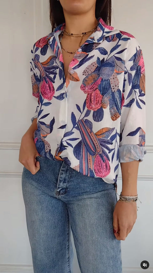 Casual Print Shirt Top with Floral Patterns and Long Sleeves