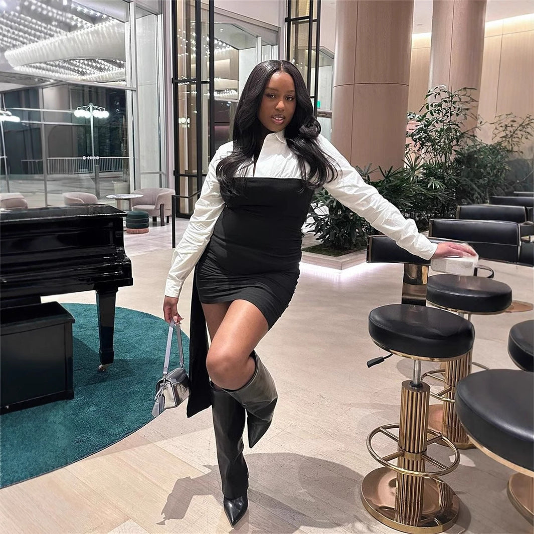 Color Contrast Patchwork Lapel Dress with Stylish Mid Waist Design